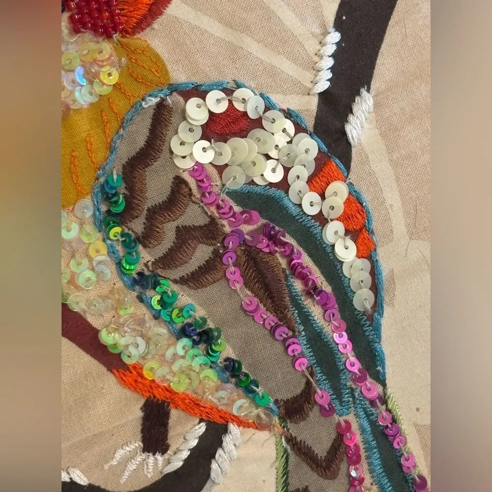 Pier 1 Embroidered Sequins Birds Throw Pillow Zip Closure 13x28 Vibrant EUC